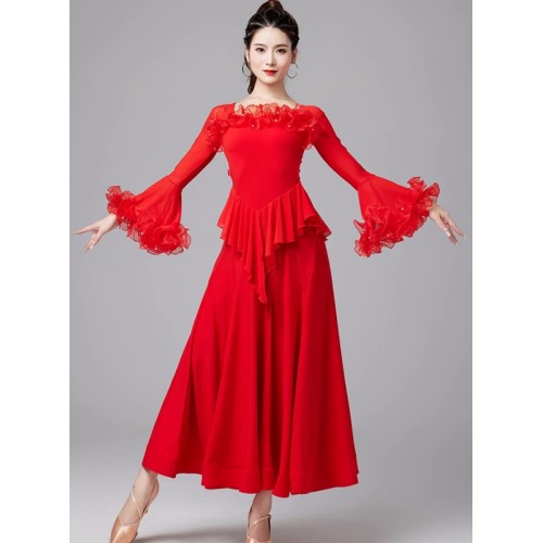 Red black ruffles ballroom dancing dresses for women girls professional rhythm waltz tango foxtrot smooth dance long gown for female